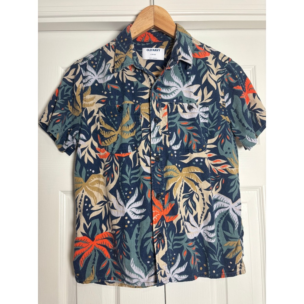 Old Navy Boys Tropical Palm Leaf Button Up Shirt Navy Orange Size L 10-12